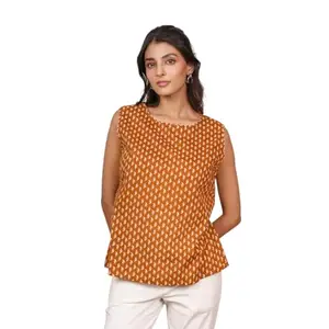 Navyas Fashion Sleeveless Printed Top Girls/Women | Cotton Straight Regular Fit Top | Women’s Cotton Sleeveless – Soft, Breathable, Casual Fit Tank for Everyday Comfort (in, Alpha, 3XL, Rust Orange)