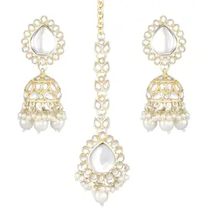 Peora White Kundan & Beads Studded Maangtikka & Jhumki Earrings Ethnic Jewellery Set for Women & Girls