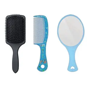 FEELHIGH 3 Combo Set Of Hair Comb,Mirror And Paddle Hair Brush with flexible Nylon bristles having Anti static ball tips For Grooming, Detangling Hair, ideal for Men, Women & Kids (Blue)