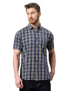 Klub Fox Mens Yellow Checked Slim Fit Cotton Casual Shirts with Spread Collar & Short Sleeves