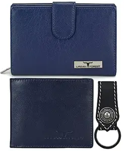 URBAN FOREST Skylar Dark Blue Leather Wallets & Keying Combo Gift Set for Men & Women