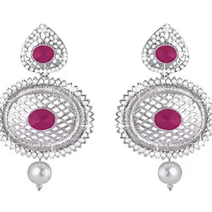 JFL - Jewellery for Less Silver Plated Oval Shape Cz Diamond Polki and Stone Studded Drop Pearl Dangler Earrings for Women and Girls (Dark Pink),Valentine