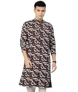 Majestic Man Men’s Regular Fit Ethnic Motifs Printed Pure Cotton Long Kurta with Mandarin Collar & Full Sleeves