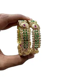 KGR Splash South Indian Jadau Kangan Bangle Set For Women And Bride Set of 2 Emerald Stone Bangle (Size 2.4)