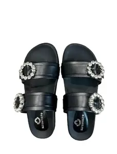 IMPERFECTO Slider Sandals With Rhinestone Buckle (Black, 8UK)
