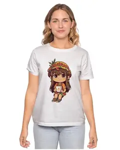 ALLEN BLACK Men's & Women's Regular Fit T-Shirt Chibi Boho Girl with Coffee Mug 100% Cotton Unise T-Shirt White_CFEGRLUNX-White M Men Round_