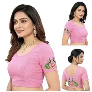 PAARTH ENTERPRISE PAARTH ENTREPRISE Women Cotton Blend Round Neck Short Sleeve Readymade Saree Blouse