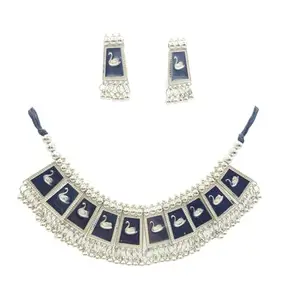 Kallos Jewellery Stylish Boho Trible Enamel Silver Oxidised Necklace Jewellery Set Women for Girls Black Swan