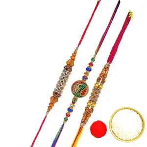 SADO-Self Adhesive Dots Optimize SADO Traditional Rakhi Set of 3 | Designer Rakhi for Brother | Peacock & Beads rakhi with Roli Chawal | Raksha Bandhan Gift Combo