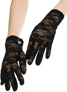 Ladies Floral Lace Gloves Vintage Opera Gloves, Women Short Elegant Lace Gloves for Women Ladies and Girls Evening Wedding_Black