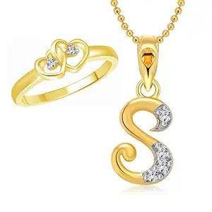 Vighnaharta valentine day gift valentineday gift for her gift for him gift for women gift for men Valentine Gift Dual Heart Ring with Initial ''S'' Letter Pendant Gold and Rhodium Plated Jewellery Combo Set
