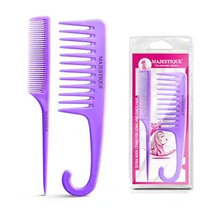 Majestique Hang Loop Grooming and Tail Comb, Excellent Wide-Tooth Hairdressing Comb for All Hair Types, Perfect for Shower Use on Separating, Straightening, and Sectioning - pack of 2