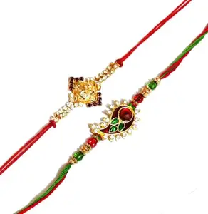 DeLegarde Handcrafted Rakhi with Rhinestones and Beads, Traditional Raksha Bandhan Festival Bracelet, Red and Green