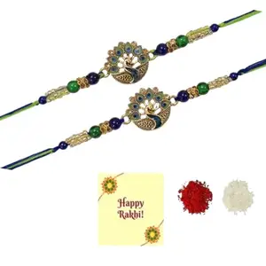 DMS RETAIL Unisex Adult Set Of 2 Peacock Feather Designer Rakhis For Brothers With Roli Tilak And Greetings Card