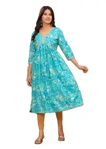 Women's Floral Print Dress, Rayon Long Sleeve, V-Neck, Fit and Flare Style, Midi Length