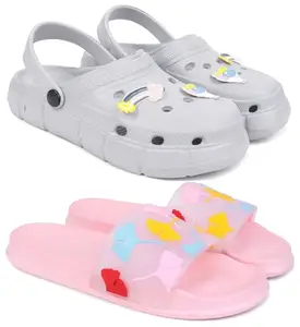 Pampy Angel Combo Pack of 2 Slipper/Flip Flops/Slides/Clogs/Sandals with Adjustable Back Strap for Women,(WCL-Ranbo-Grey,Gobi-Pink),37 (Euro)