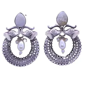 R.R.TRADERS Premium Quality Replica Drop Elephant Shape Monalisa Stone Chandbali Earrings, Oxidised Jewellery, Pearl Drop, Vintage Indian Style Pearl Dangle Earrings, Silver