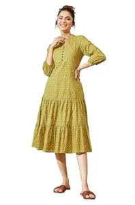 Janasya Women's Mustard Pure Cotton Ethnic Motif Printed Fit & Flare Dress