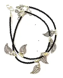 Mirage - Black beads with silver leaf hanging cute and stylish anklets set of 2 | cute stylish and beautiful Anklet Payal for girls and Women