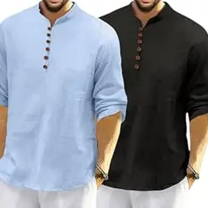 FINIVO FASHION Combo of Men’s Casual Full Sleeve Kurta Style Shirt with Button Placket, Lightweight Breathable Fabric, Regular Fit Ethnic Fusion Wear for Daily & Festive Use Pack of 2