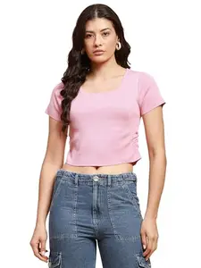Global Republic Solid Knitted Viscose Blend Round Neck Crop Top Top for Women (X236, Blush, S/M)
