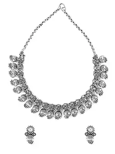 Yellow Chimes Oxidised Necklace Set Silver Kolhapuri Necklace Traditional Necklace Set For Women & Girls