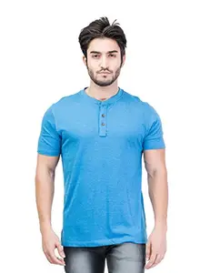 Kalt Men's Cotton Blend Plain Half Sleeves Henley Neck T-Shirt (Blue Melange,XXL)