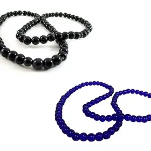 De-Autocare (Pack Of 2 Combo Of Unisex Black & Blue Color Medium Size 24cm Size 8mm Beads Stone Moti Mala Chain Bracelet