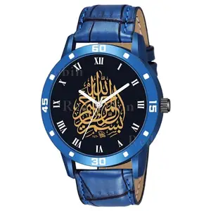 Gadgets World Analogue Bismillah Design Round Dial Latest Fashion Attractive Leather Blue Strap Stylish Wrist Watch for Muslim Men and Boys, Pack of 1 - IW002-ROM-AVO-BLU-CRL