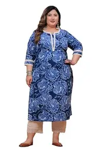 LABULY Women Plus Size Straight Pure Cotton Discharge Print Kurta with Lace Work