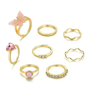 Jewels Galaxy Jewellery For Women Gold Plated Pink Stone Studded Butterfly Stackable Rings Set of 8 (JG-PC-RNG-986)