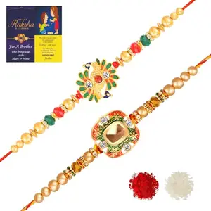 De Marquis Designer Rakhi Gift Set for Brother, Roli-Chawal Pack and Greeting Card Set (2 rakhee send for brother, rakhi gift set, bhaiya and bhabhi rakhis combo set)