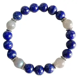 RRJEWELZ Natural Labradorite & Lapis Lazuli Round Shape Smooth Cut 8mm Beads 7.5 inch Stretchable Bracelet for Healing, Meditation, Prosperity, Good Luck | STBR_04656