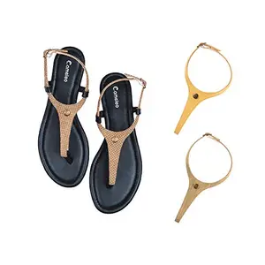 Cameleo -changes with You! Women's Plural T-Strap Slingback Flat Sandals | 3-in-1 Interchangeable Strap Set | Brown-Polka-Dots-Leather-Yellow-Olive-Green