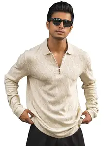 Maniac Men Texture Half Zipper Polo Neck Full Sleeve Cream Cotton T-Shirt