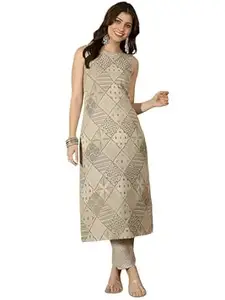 Pinkmint Women’s Pure Cambric Cotton Kurta Set | Sleeveless Printed Kurta with Pant | Summer Wear Co-Ord Set | Plus Casual