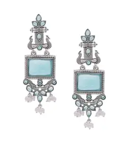 Vintage Style Dangle Earrings, Turquoise Blue Stone, Silver-Toned Metal with White Beads, Floral Design | Women’s Oxidized Silver Earrings | Ethnic Long Dangler Earrings with Rectangular Stone & Pearls