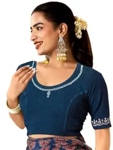 MISS WEARS Women's Regular Fit Readymade Stretchy Elbow Length Embroidered Saree Blouse