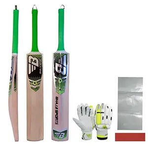 BHAJJI Kashmiri Willow Cricket BAT Ultimate, Batting Gloves 909 Mens and BAT Care KIT Including Fibre Tape Along with Toe Guard