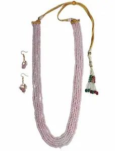 Traditional Long Bridal Necklace Set with Pink Strands Beads, Gold-Toned Chain, and Matching Earrings Woman Style Indian Design Wedding and Engagement Jewellery Set