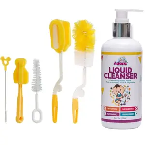 Adore Bottle Nipple and Straw Cleaning Kit Pack of 5, Multi Color & Liquid Cleanser, feeding bottle cleaner brush, Cleanser for Baby Bottles, Nipples, Accessories and Toys,300ml (Cleaning Brush Kit + Cleanser)
