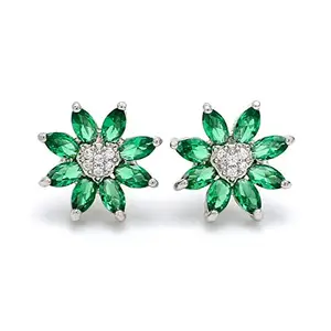 Ornate Jewels 925 Sterling Silver Marquise Green Emerald and American Diamond Flower Stud Earrings for Women and Girls Anniversary Birthday Gifts