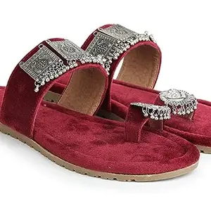 Fabbmate Soft Velvet Fabric Design T-Strap Flats Sandal for Women's Pack of 1 (Maroon, Numeric_8)
