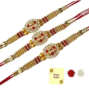 DMS RETAIL Ram Rakhi with Roli Chawal and Raksha Bandhan Greeting Card for Brother Set Of 3 With Roli Chawal
