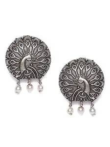 Aatmana Oxidized Peacock Patterned Pearls Drop Stud Earrings for Girls and Women - Pack of 1