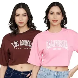 TREND LEVEL Stylish Women Crop Top with Short Sleeves |Trendy Tshirt for Office Wear/Casual Wear/Girls(Pack of 2 (Crop Tshirt TL088-TL089) Brown