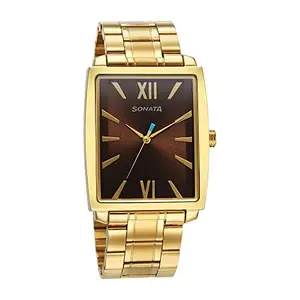 Sonata Men Stainless Steel Utsav Analog Watch - 7143Ym02, Band Color-Yellow,Dial Color-Brown