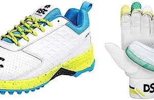 DSC Jaffa 22 Cricket Shoes for Men and Boys UK-9 White/Lime-Yellow & DSC Condor Atmos Cricket Batting Gloves Mens Right (Color May Vary)