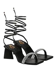 Shoetopia Embellished Stutted Strap Black Heeled Sandals For Women & Girls /UK5