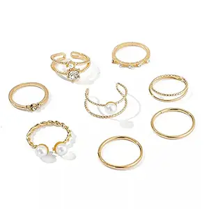 Vembley Gold Plated 8 Piece Western Simple Pearl And Diamond Open Joint Tail Ring Set For Women and Girls.